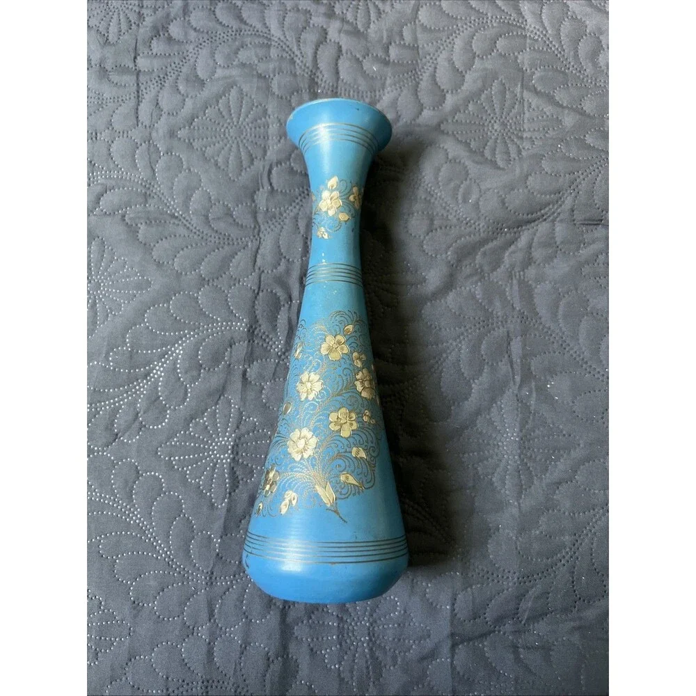 VTG Kashmiri Blue Enamel Brass Vase Hand-Etched Gold Floral Design Home Accent
